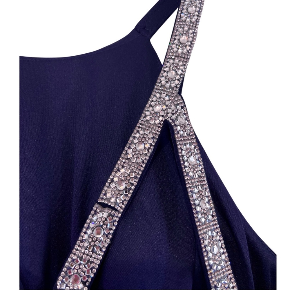 Betsy & Adam Long Halter Neck Sleeveless Gown Rhinestone Straps, Navy Blue, Sz 8 - Picture 7 of 15